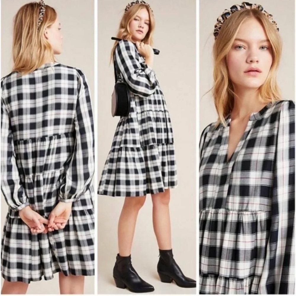 NWT Anthropologie Maeve Amber Plaid Tiered Tunic Dress, size medium